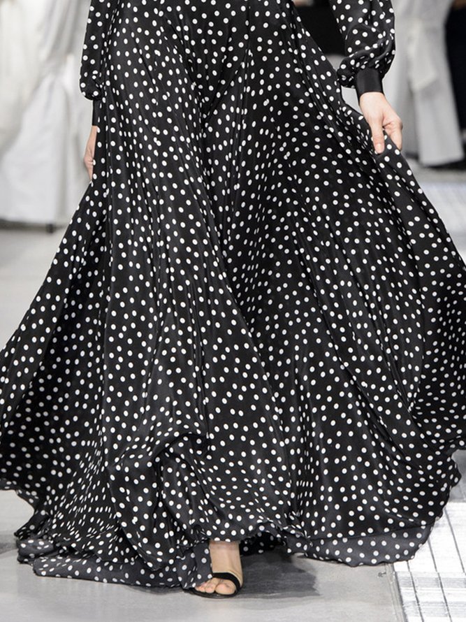 Stand Collar Regular Fit Polka Dots Elegant Long Sleeve Maxi Dress