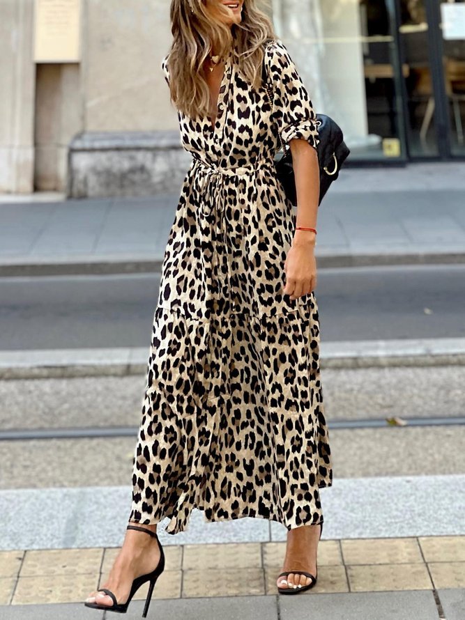 Long sleeve Leopard Elegant Regular Fit Dress