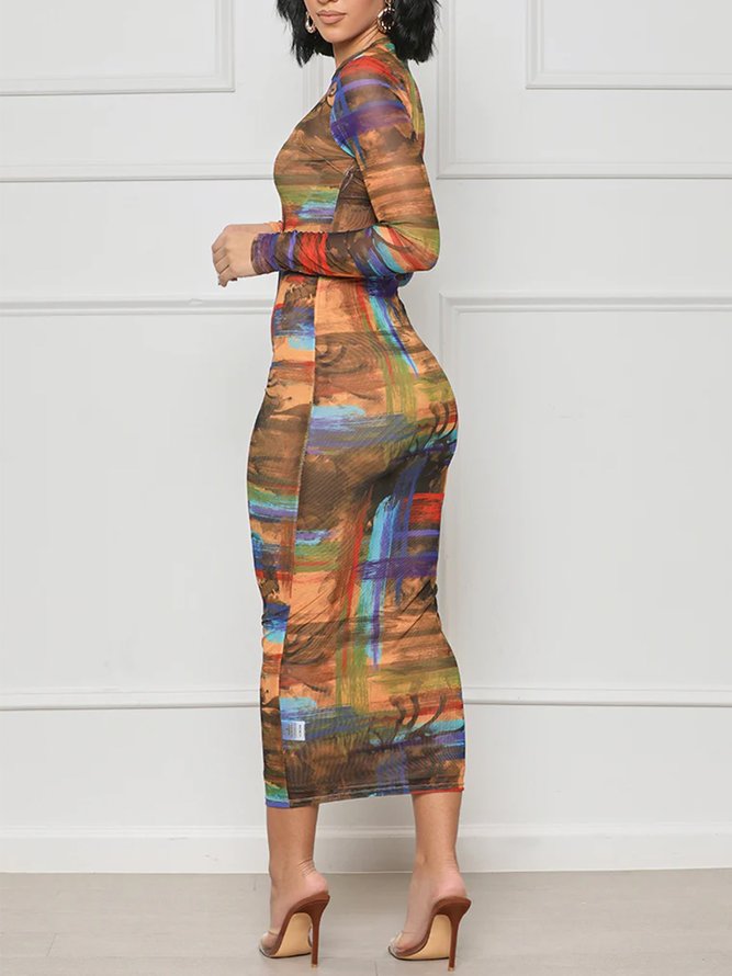 Crew Neck Elegant Abstract Long Sleeve Tight Maxi Dress