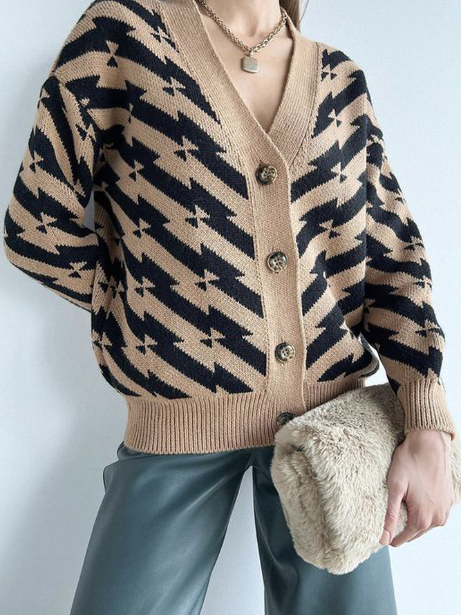 Geometric V Neck Long sleeve Loose Urban Sweater Coat