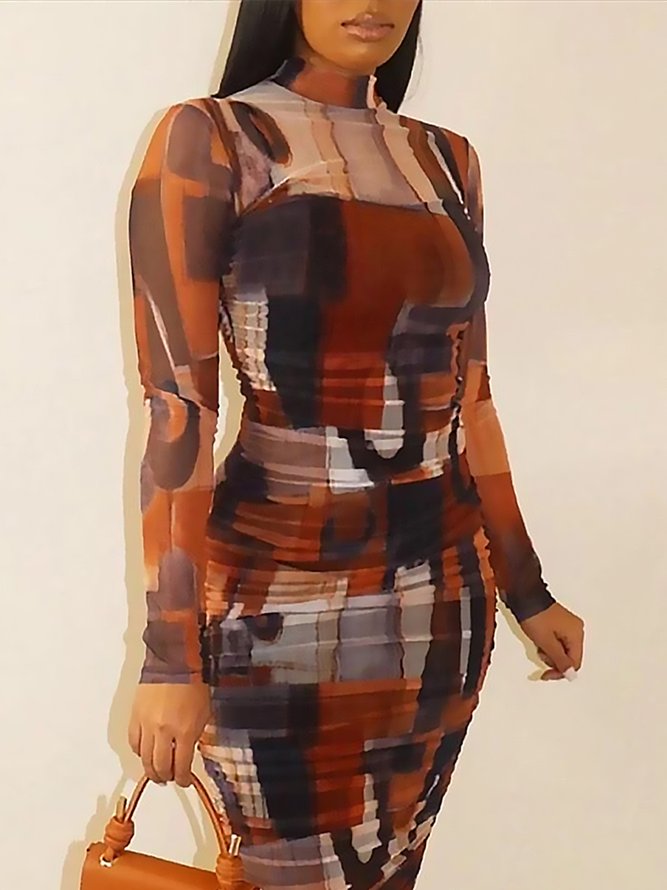 Tight Abstract Stand Collar Urban Long sleeve Dress