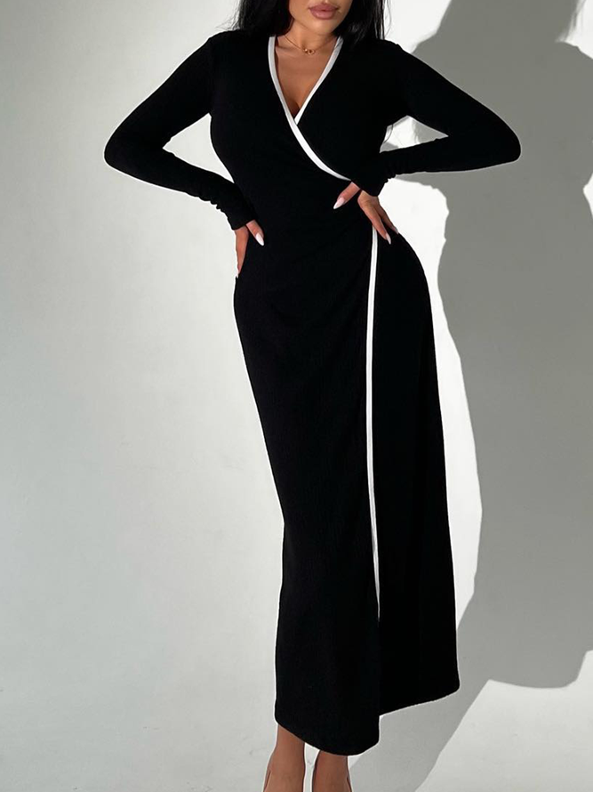 Long sleeve Black Elegant V Neck Dress