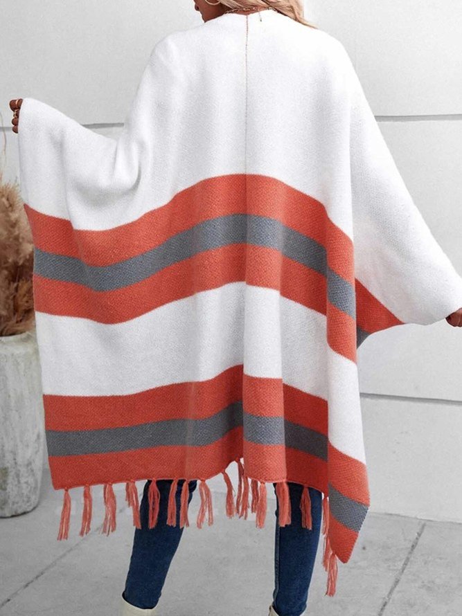 Striped Long sleeve Simple V Neck  Loose Sweater Coat