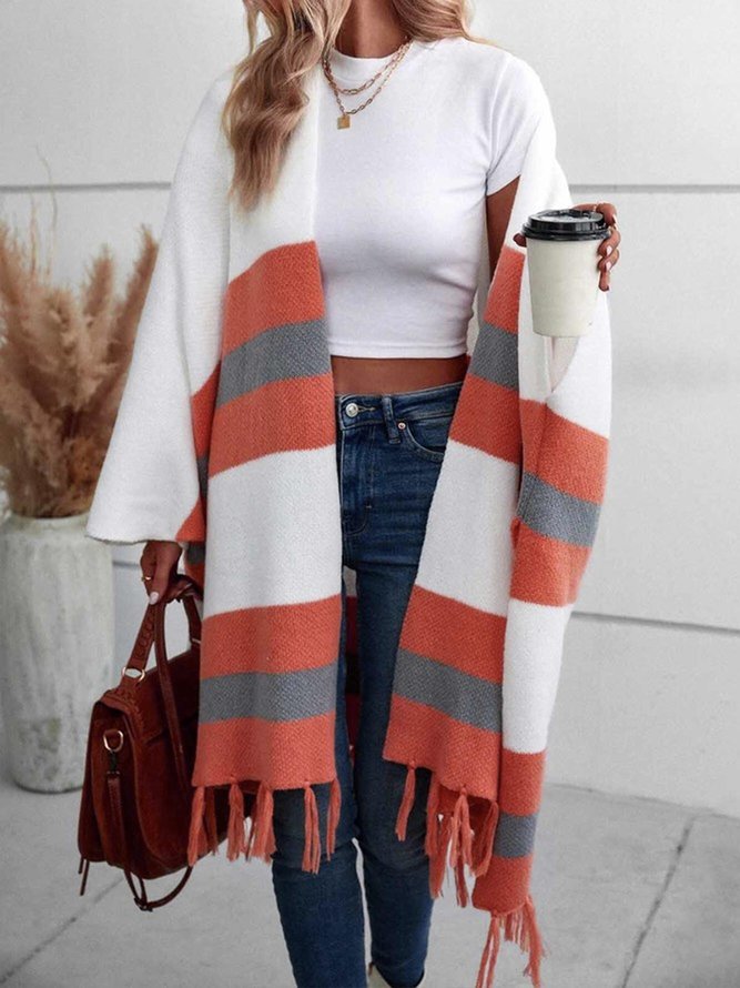Striped Long sleeve Simple V Neck  Loose Sweater Coat