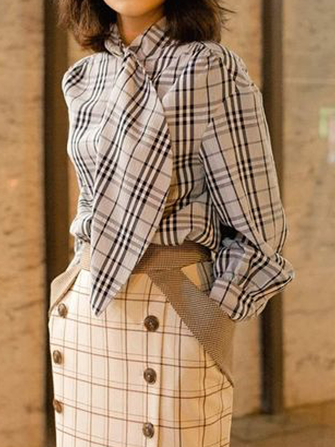 Plaid Stand Collar Long sleeve Urban Loose Blouse