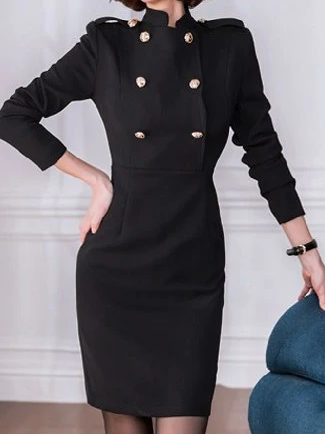 Regular Fit Plain Stand Collar Long sleeve Elegant Midi Dress