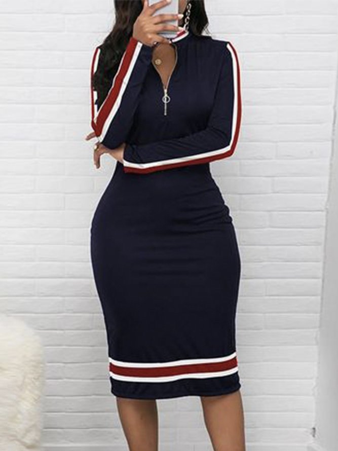 Striped Urban Stand Collar Long Sleeve Tight Midi Dress