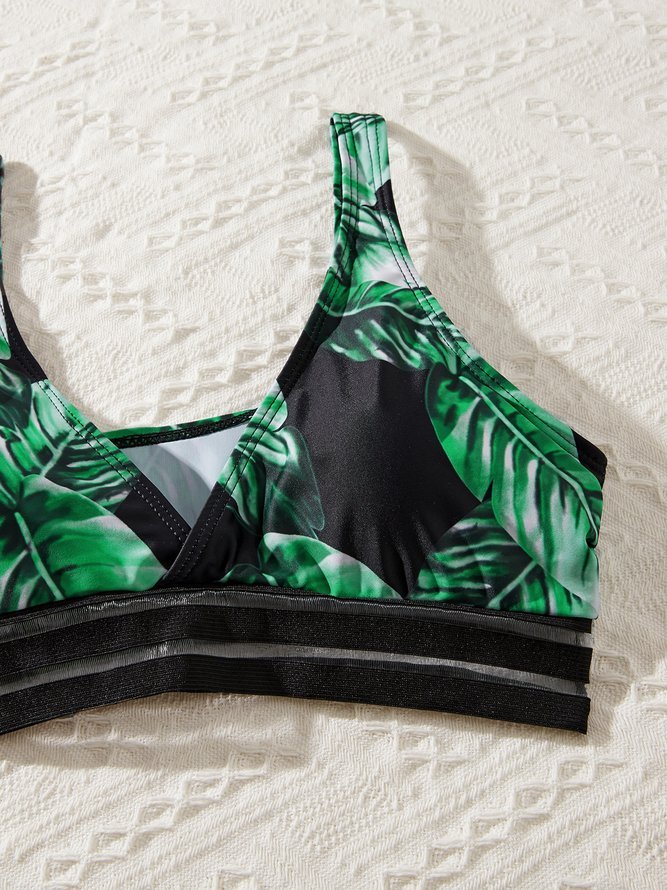 Vacation Plants Printing V Neck Bikinis Two-Piece Set