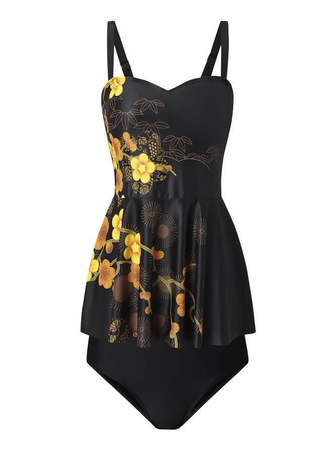 Casual Floral Printing Scoop Neck Swimdress Two-Piece Set