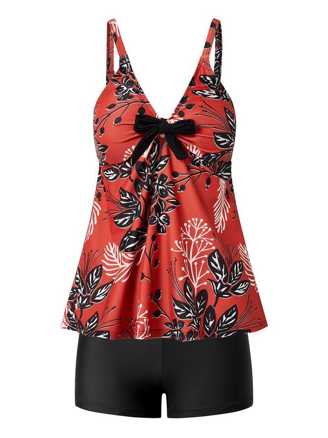 Vacation Floral Printing V Neck Tankinis Two-Piece Set
