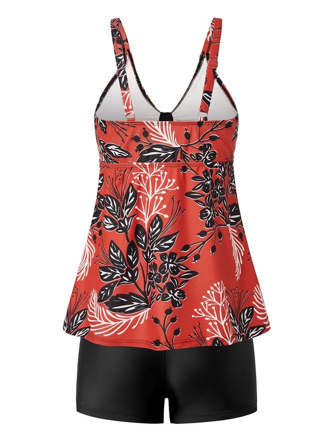 Vacation Floral Printing V Neck Tankinis Two-Piece Set
