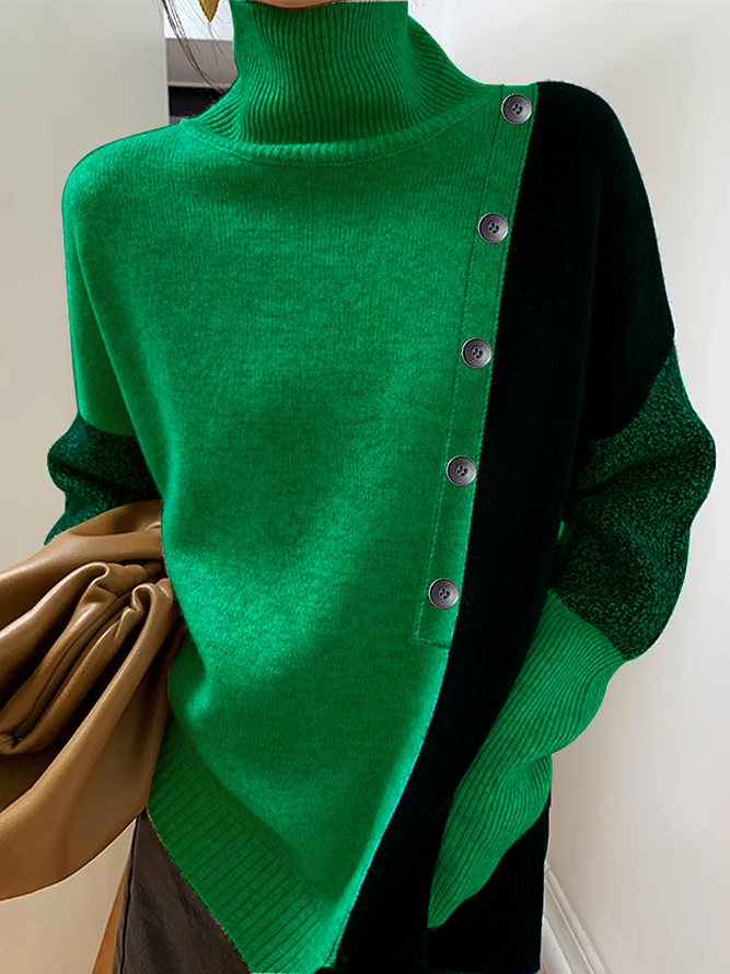 High Elasticity Loose Color Block Turtleneck Long sleeve Urban Loose Sweater