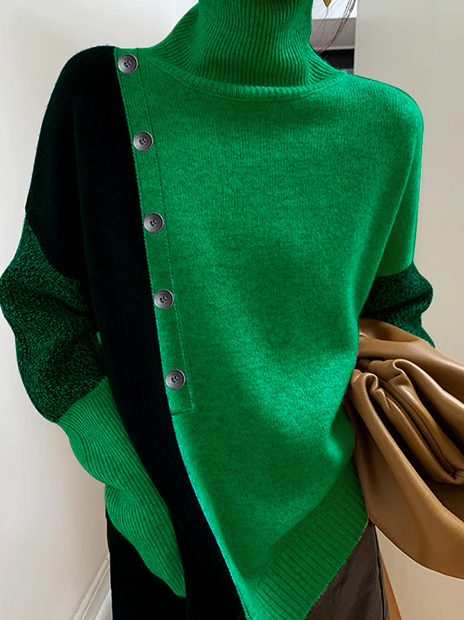 High Elasticity Loose Color Block Turtleneck Long sleeve Urban Loose Sweater