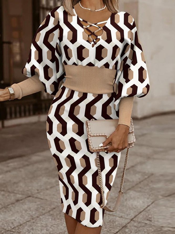 Geometric Elegant Long Sleeve Regular Fit Midi Dress