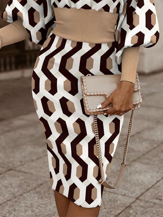 Geometric Elegant Long Sleeve Regular Fit Midi Dress