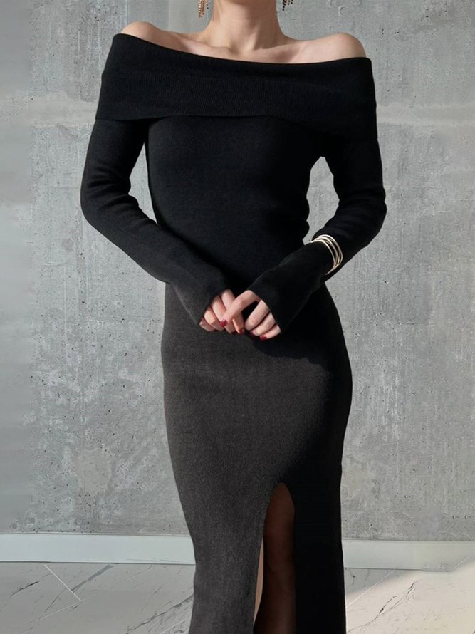 Long sleeve Elegant Cold Shoulder Plain Regular Fit Dress