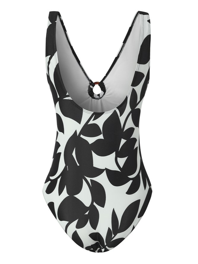 Casual Floral Printing V Neck One Piece Swimsuit