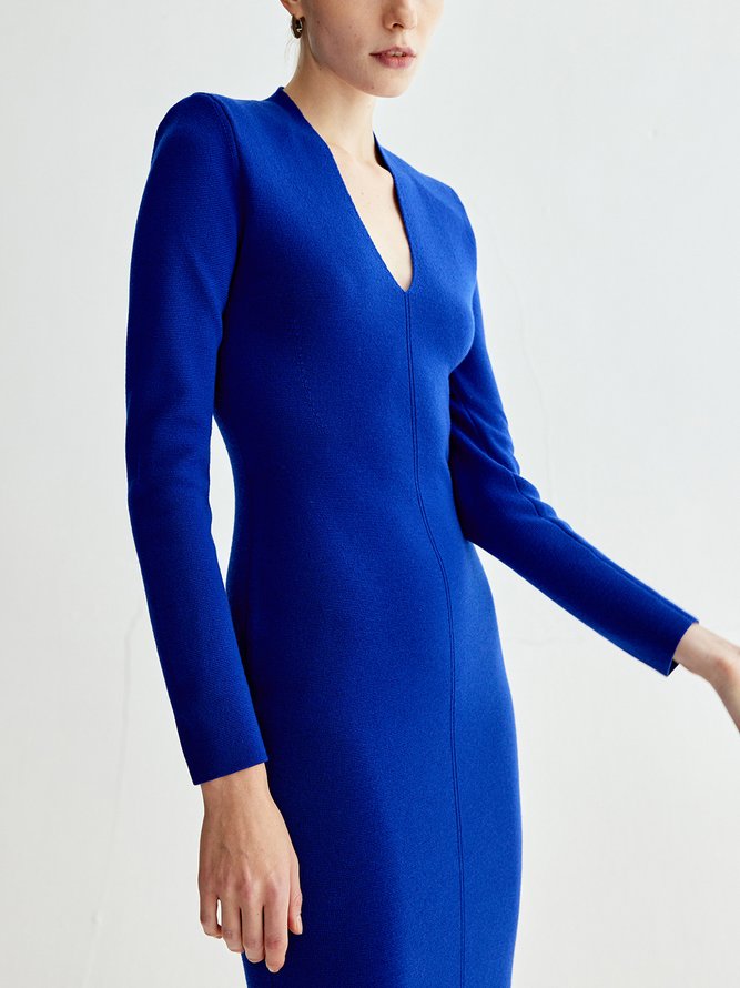 V Neck Knitted Elegant Plain Long sleeve Micro-Elasticity Dress