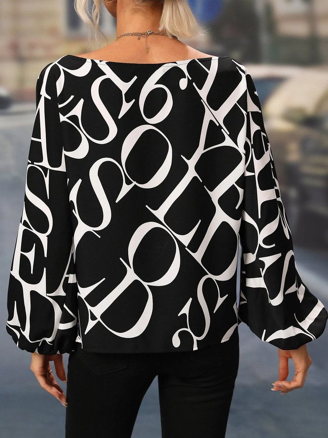 Long sleeve Boat Neck Urban Text Letters Regular Fit Blouse