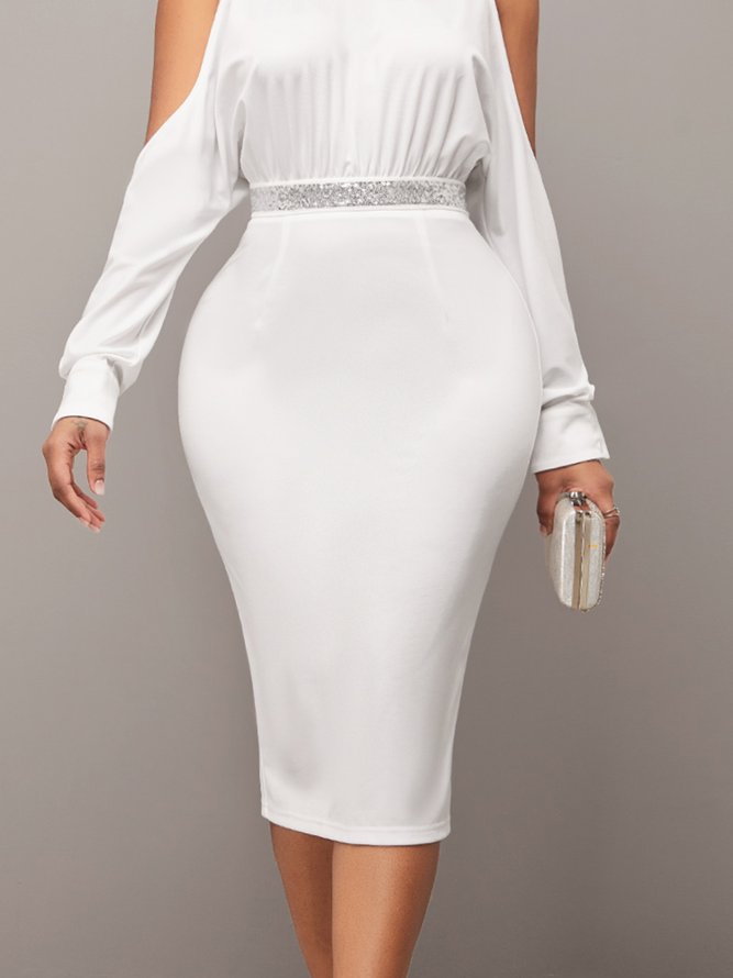 Tight Stand Collar Elegant Plain Midi Long sleeve Medium Elasticity Dress