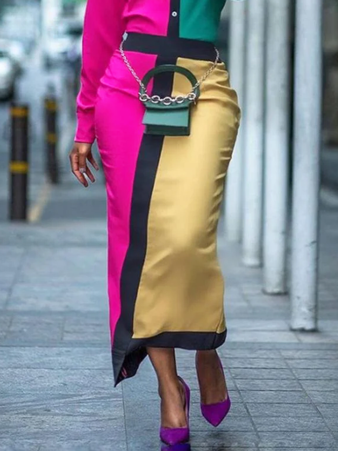 Regular Fit Urban Color Block Long Skirt