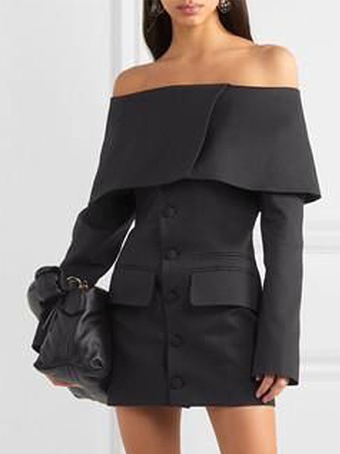 Plain Regular Fit Elegant Cold Shoulder Dress