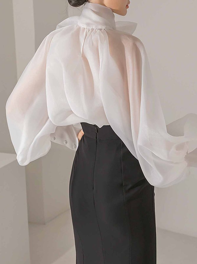 Elegant Plain Bow  Long Sleeve Blouse
