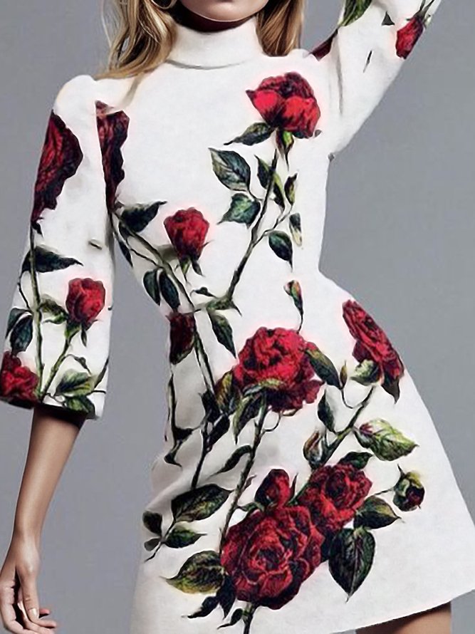 Elegant Turtleneck Regular Fit Floral Dress