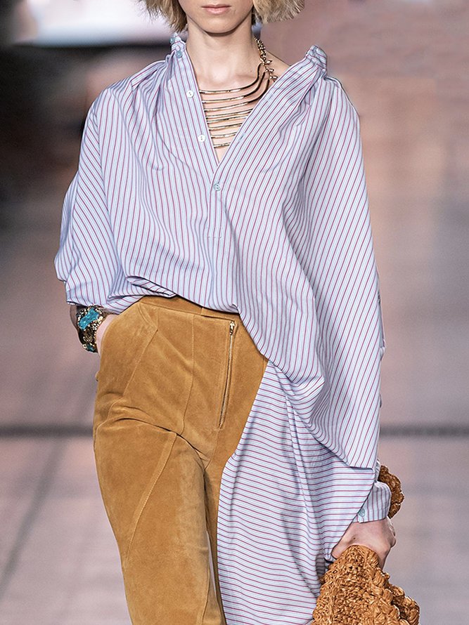 Long sleeve Striped Shirt Collar Regular Fit Urban Blouse