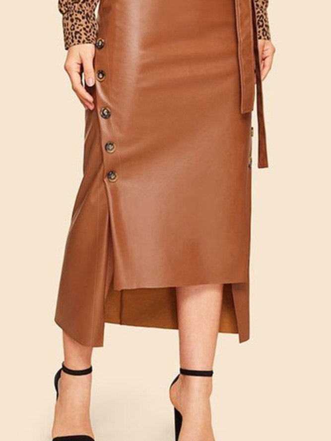Elegant Regular Fit Pu Plain Micro-Elasticity Skirt