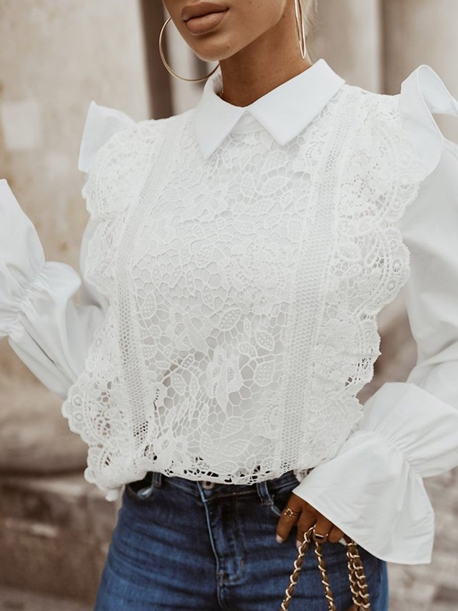 Plain Shirt Collar  Lace  Elegant Blouse