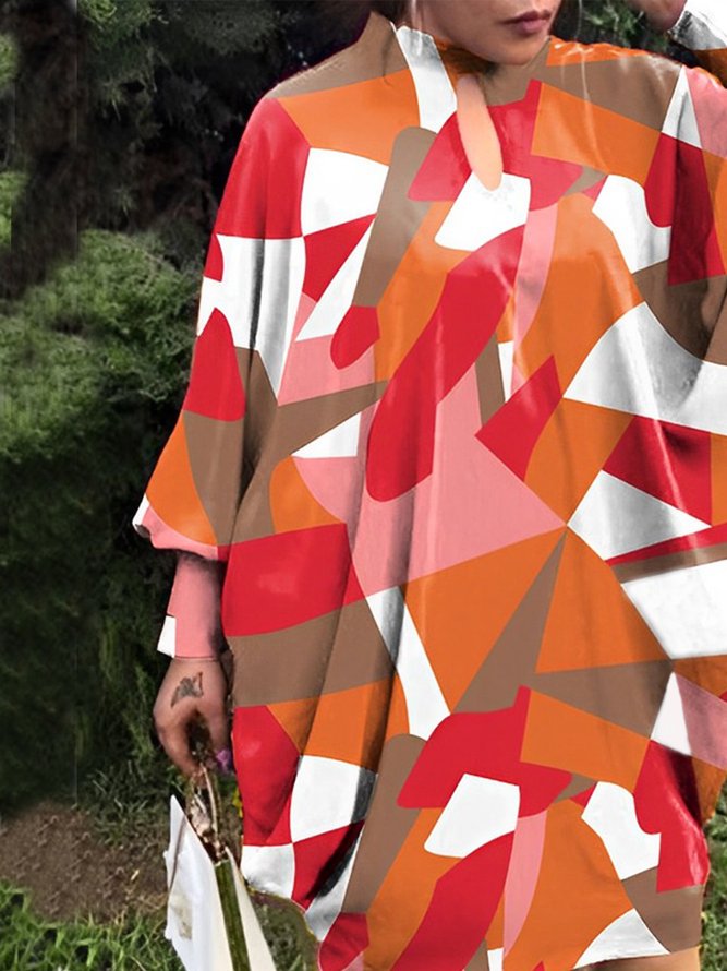 Stand Collar Geometric  Print Long Sleeve Urban Dress