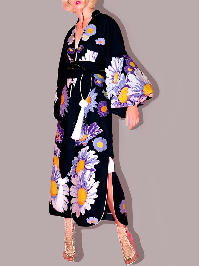 Floral Stand Collar Elegant Long sleeve Dress