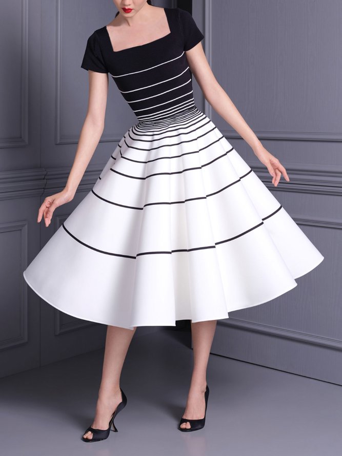 Square Neck Elegant Striped Midi Dress