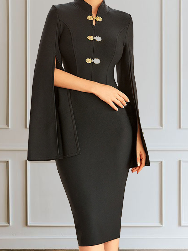 Split Sleeves Elegant Plain Stand Collar Midi Dress