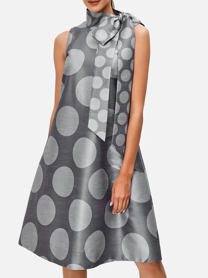 Plus Size Polka Dots Sleeveless Elegant Stand Collar Skirt Dress