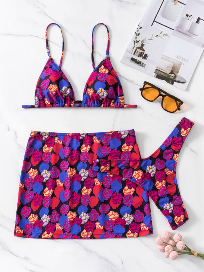 Vacation Floral Printing V Neck Bikini With Cover Up