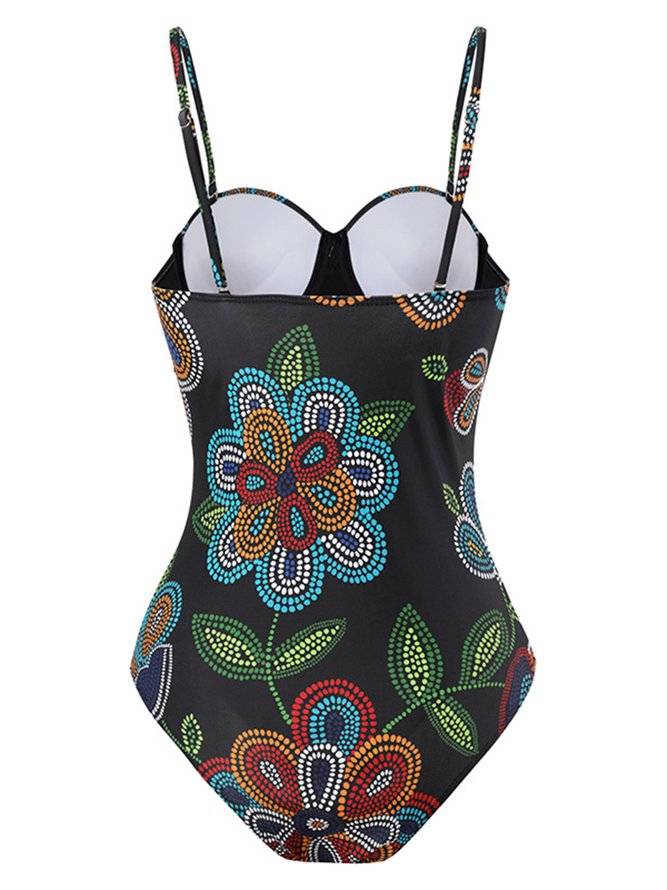 Printing Floral V Neck Elegant One Piece With Cover Up