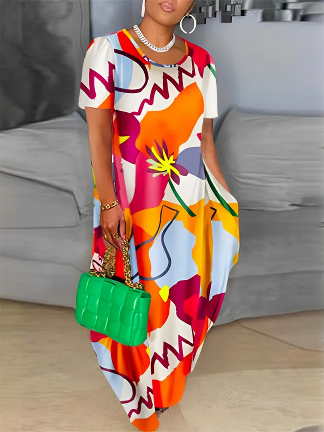 Loose Abstract Vacation Short Sleeve Maxi Dress | stylewe