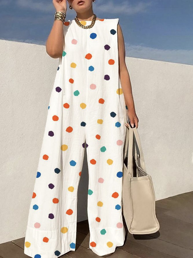 Boat Neck Casual Polka Dots Jumpsuit