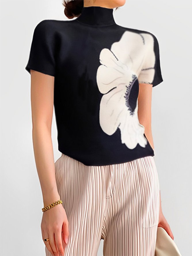 Tight Floral Short Sleeve Elegant T-Shirt