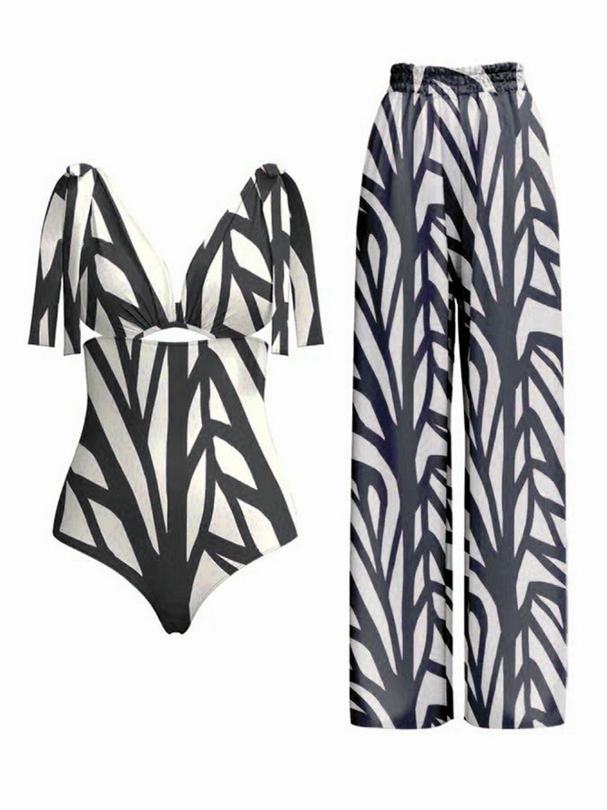 Striped Printing Casual One Piece With Cover Up