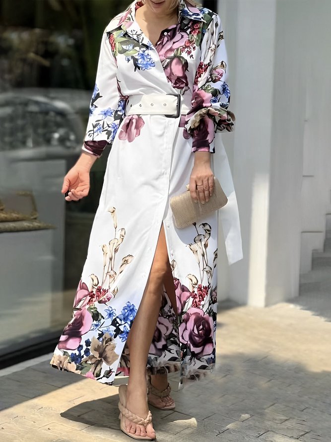 Loose Floral Vacation Shirt Collar Dress With Belt