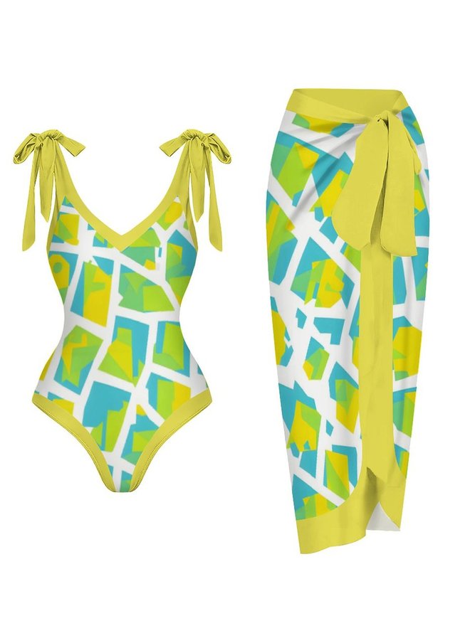 V Neck Vacation Abstract One Piece With Cover Up