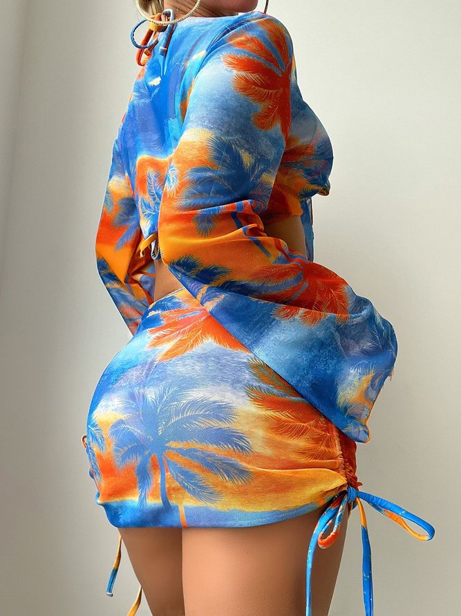 Ombre V Neck Vacation Bikini With Cover Up