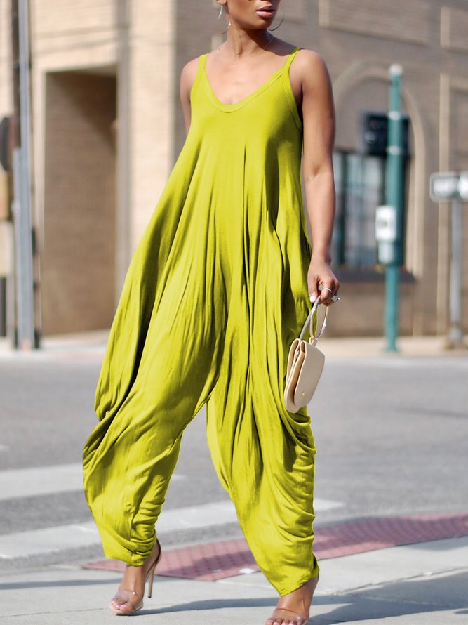 Loose V Neck Urban Sleeveless Plain Jumpsuit stylewe