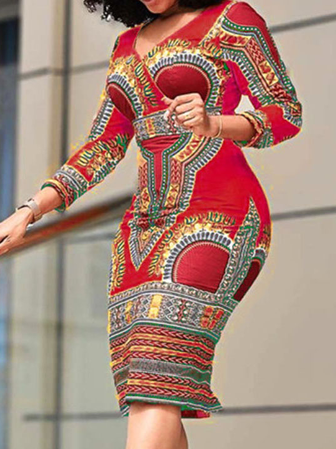 Tight High Elasticity Ethnic V Neck Long sleeve Elegant Dress