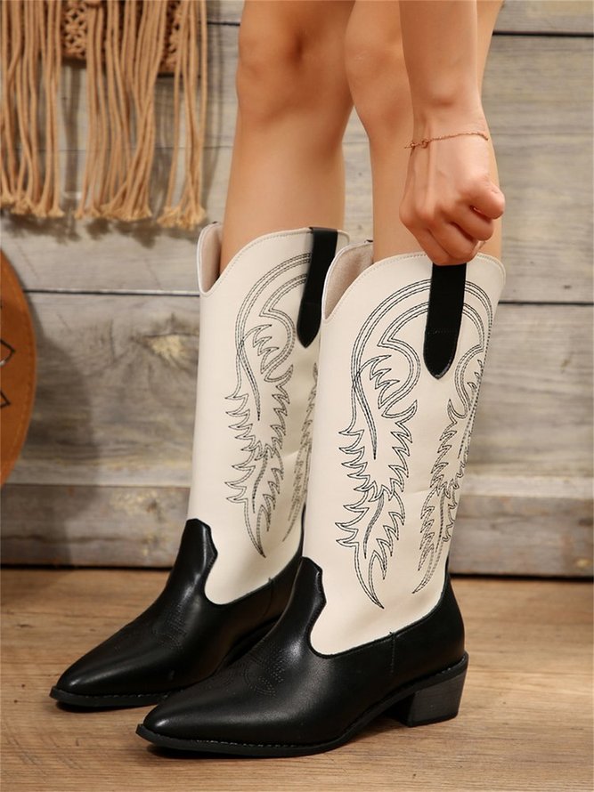 Black and White Contrast Color Embroidered Pattern Thick Heel Pointed Toe Western Cowboy Boots