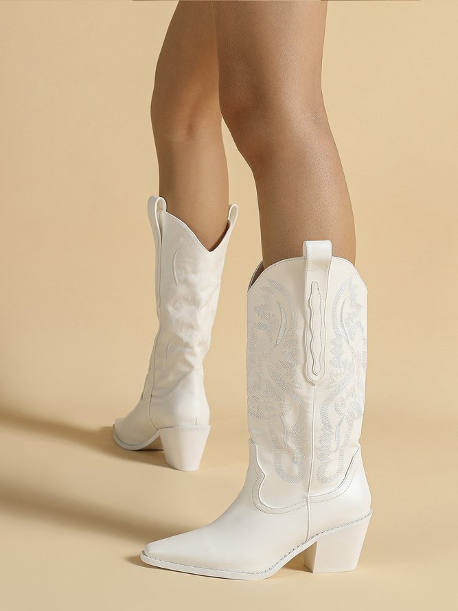 Western Style White Leather Embroidered Graphic Tall Cowboy Boots
