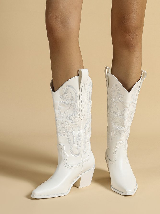 Western Style White Leather Embroidered Graphic Tall Cowboy Boots